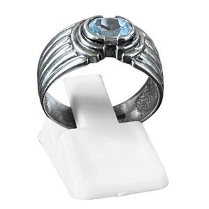 Vintage Sterling Semi Bezel Swiss Blue Topaz Fluted Silver Statement Ring 925